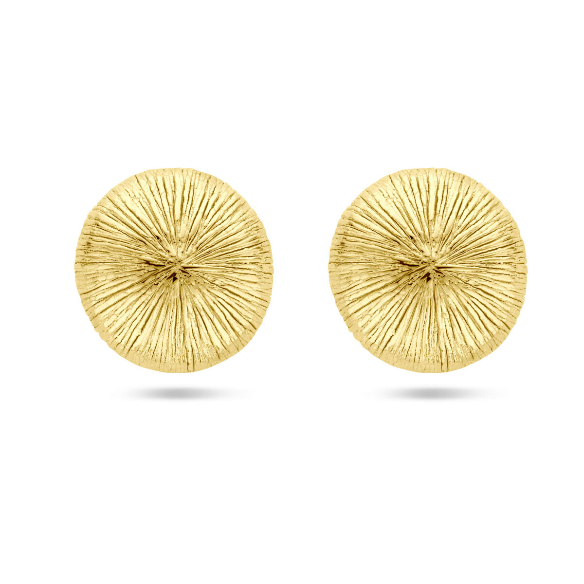 Pendientes de 25 mm en plata dorada de 1 micrón con un diseño texturizado en forma circular.