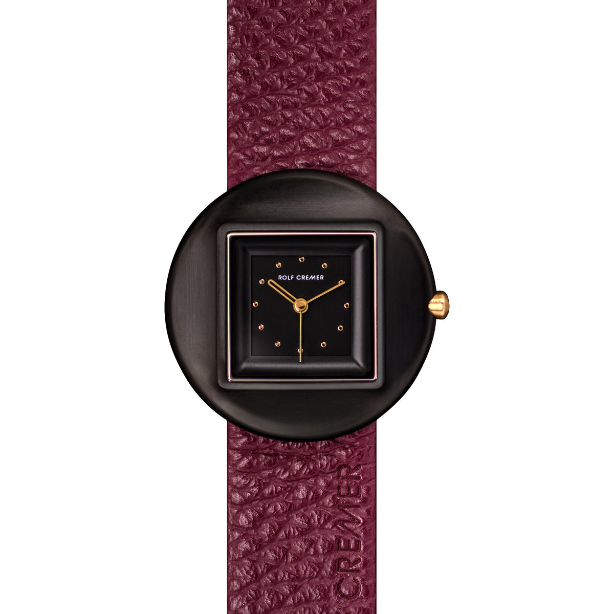 Reloj cuadrado con esfera negra, correa de cuero burdeos y detalles dorados.