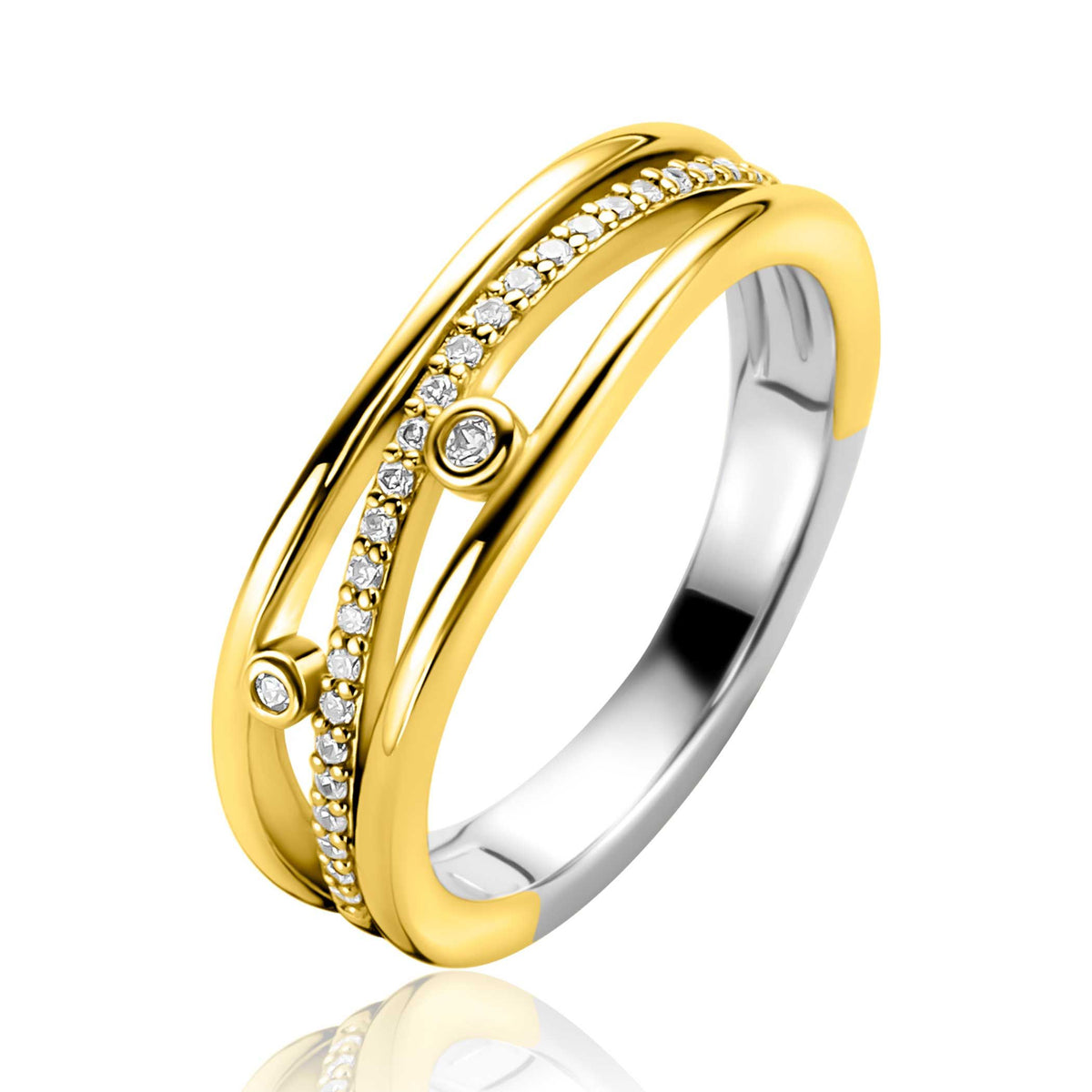 Anillo de plata con detalles en oro y circonitas brillantes.