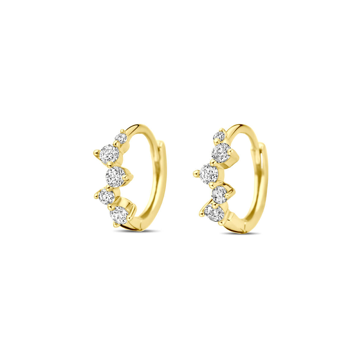 Pendientes de aro de 14K oro amarillo con zircón, decorados con tres piedras brillantes.