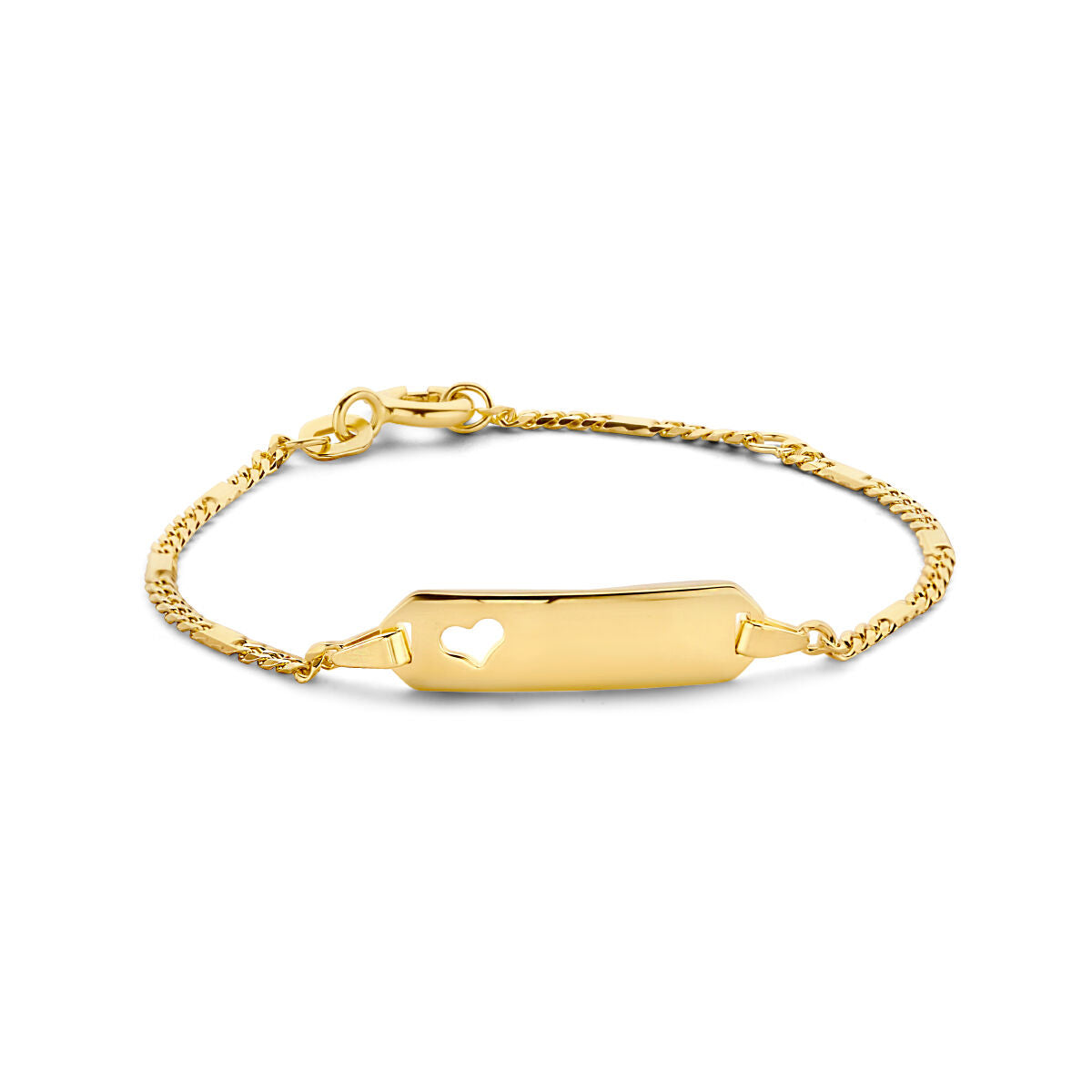 Pulsera de oro de 14K con placa rectangular y corazón, cadena delicada de eslabones.