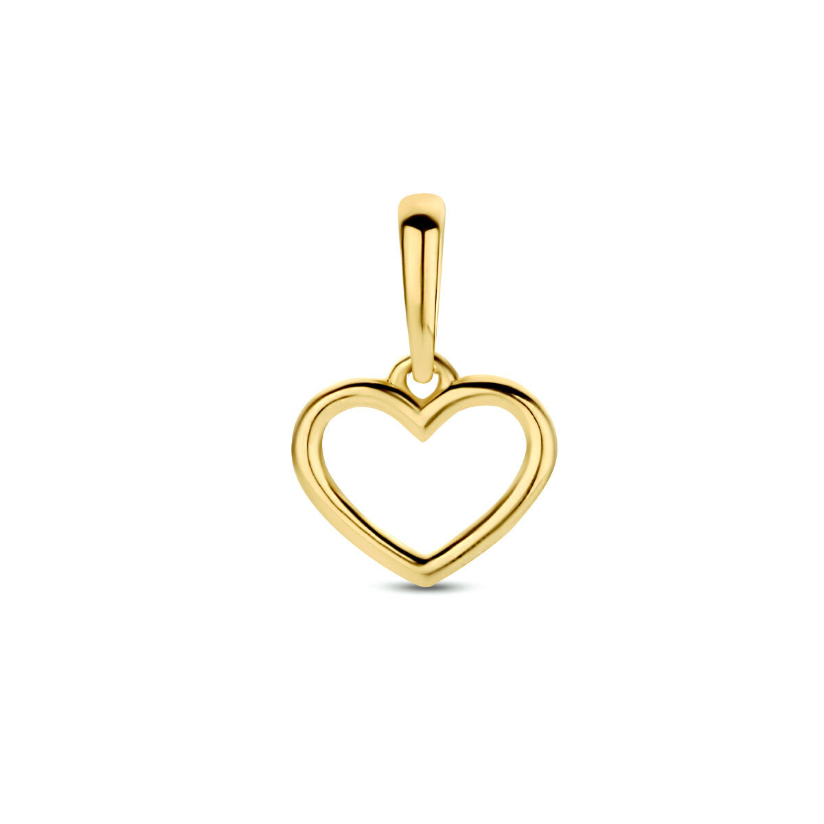 Colgante en forma de corazón de oro amarillo de 14 quilates, con un diseño abierto y brillante.