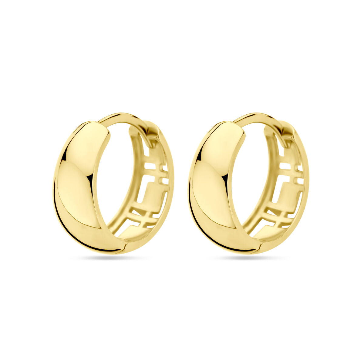 Pendientes de aro de 13 mm en oro amarillo de 14 quilates con diseño moderno.