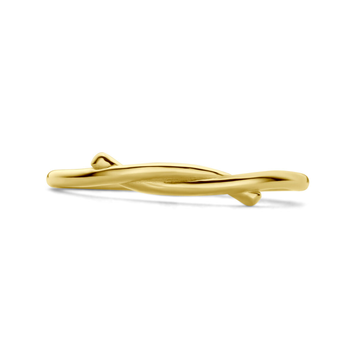 De ring 14K geelgoud van Van der Kooij Collectie heeft een gedraaide, overlappende band en straalt tijdloze elegantie uit op een witte achtergrond.