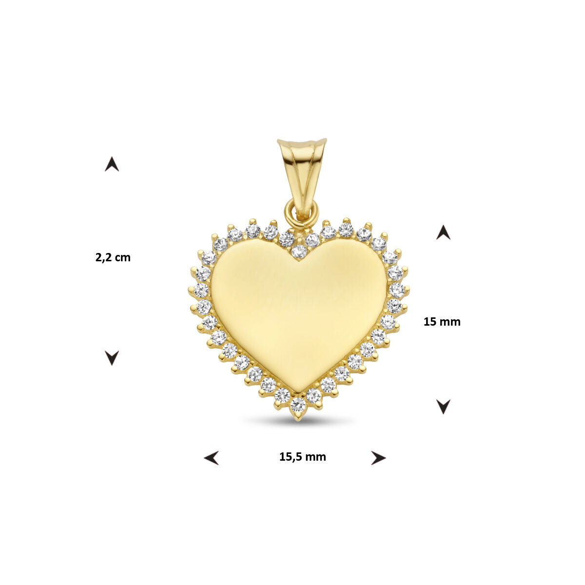 De Van der Kooij Collectie graveerhanger hart zirkonia 14K geelgoud heeft fonkelende steentjes en voldoet aan 2,2 cm hoog, 15 mm breed en 15,5 mm doorsnee. Ideaal cadeau voor Valentijnsdag. Afgebeeld met maatpijlen op witte achtergrond.