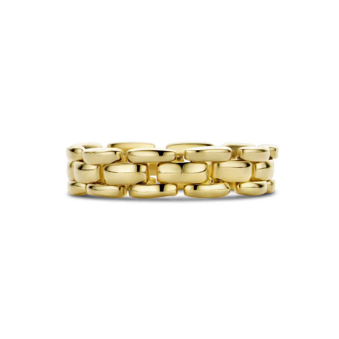 De Van der Kooij Collectie ring flexibele schakel 14K geelgoud heeft een grof, in elkaar grijpend kettingontwerp in geelgoud op een effen witte achtergrond.
