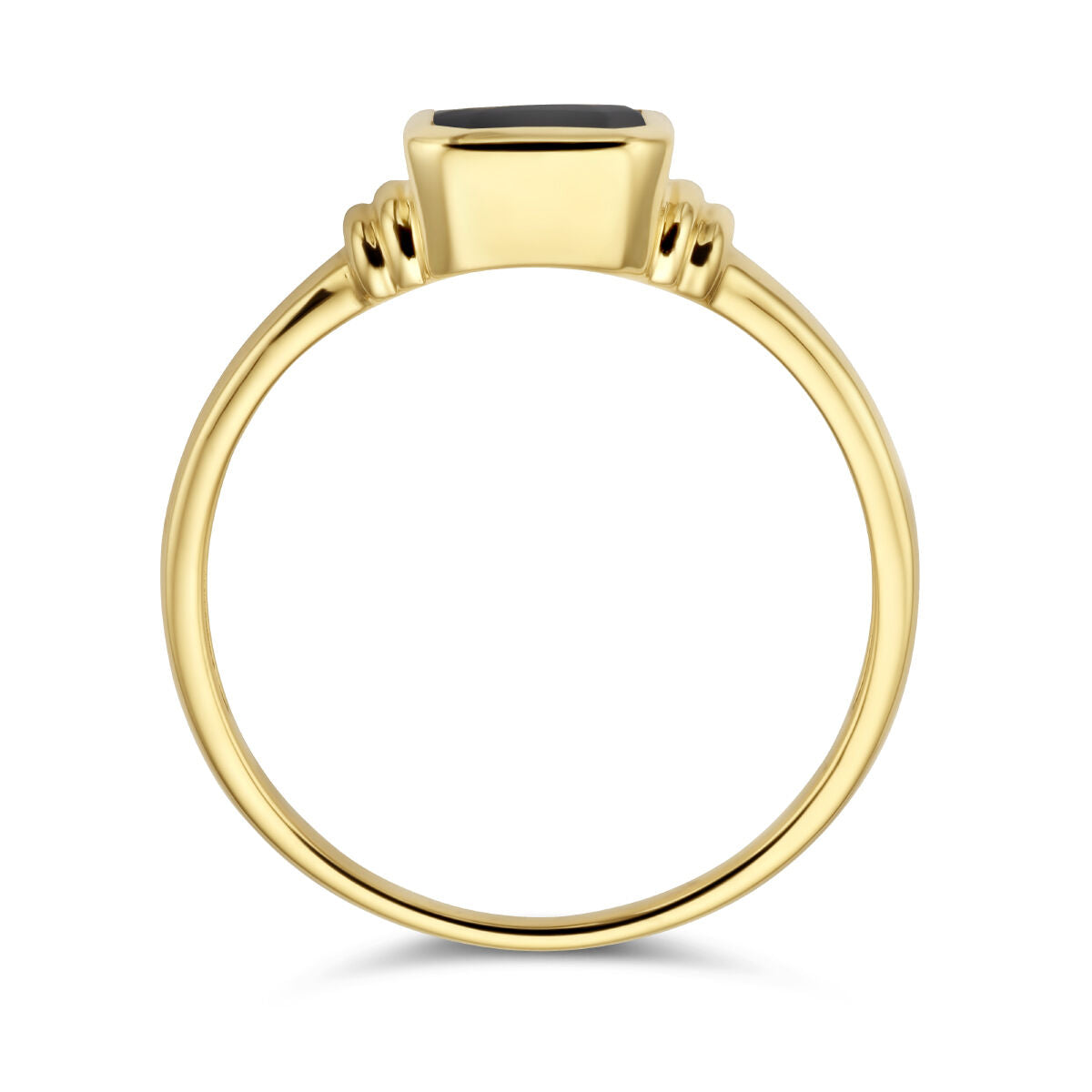 De Van der Kooij Collectie ring onyx 14K geelgoud heeft een dunne geelgouden band met een rechthoekige zwarte onyx in kastzetting, afgebeeld vanaf de zijkant tegen een witte achtergrond.