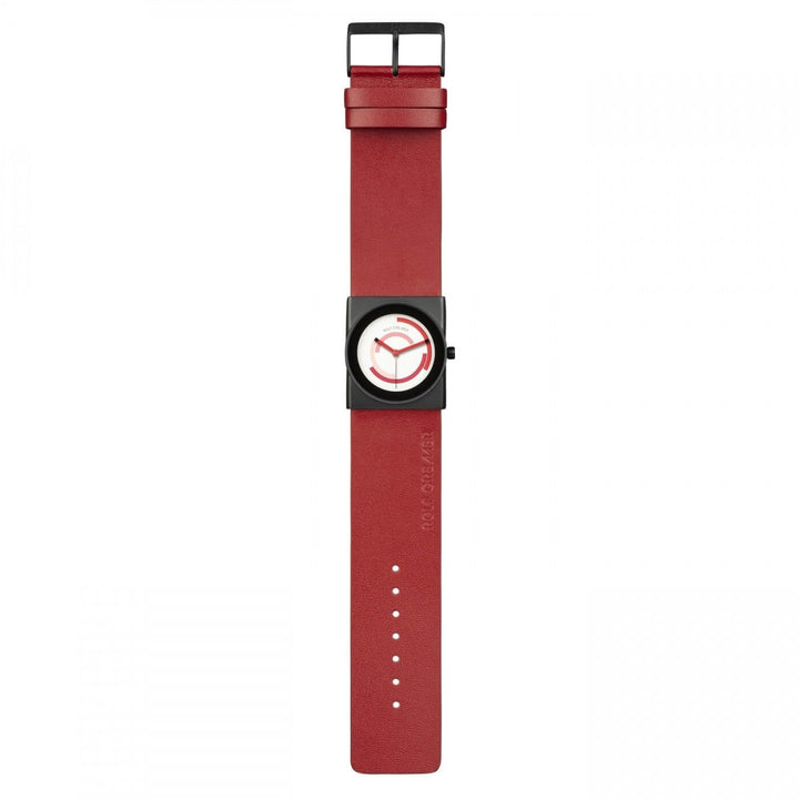 De Rolf Cremer Horloge 507403 Alvo is een unisex horloge met een moderne vierkante zwarte wijzerplaat en rode leren band. Het heeft abstracte rode lijnen op een witte wijzerplaat, aangestuurd door een quartz uurwerk, met een verstelbare band voor de maat.