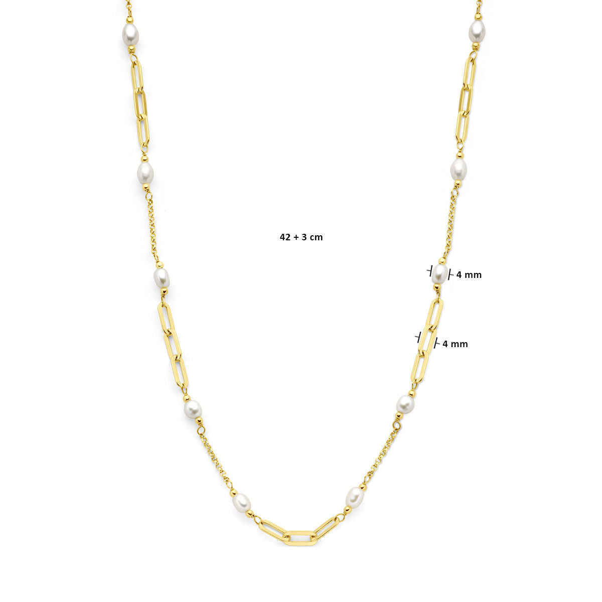 De Van der Kooij Collectie zilver vergulde ketting dames met parels (3 micron verguld, geel) heeft langwerpige schakels en zoetwaterparels van 4 mm. Lengte: 42 cm + 3 cm verlenging. Getoond op een witte achtergrond.