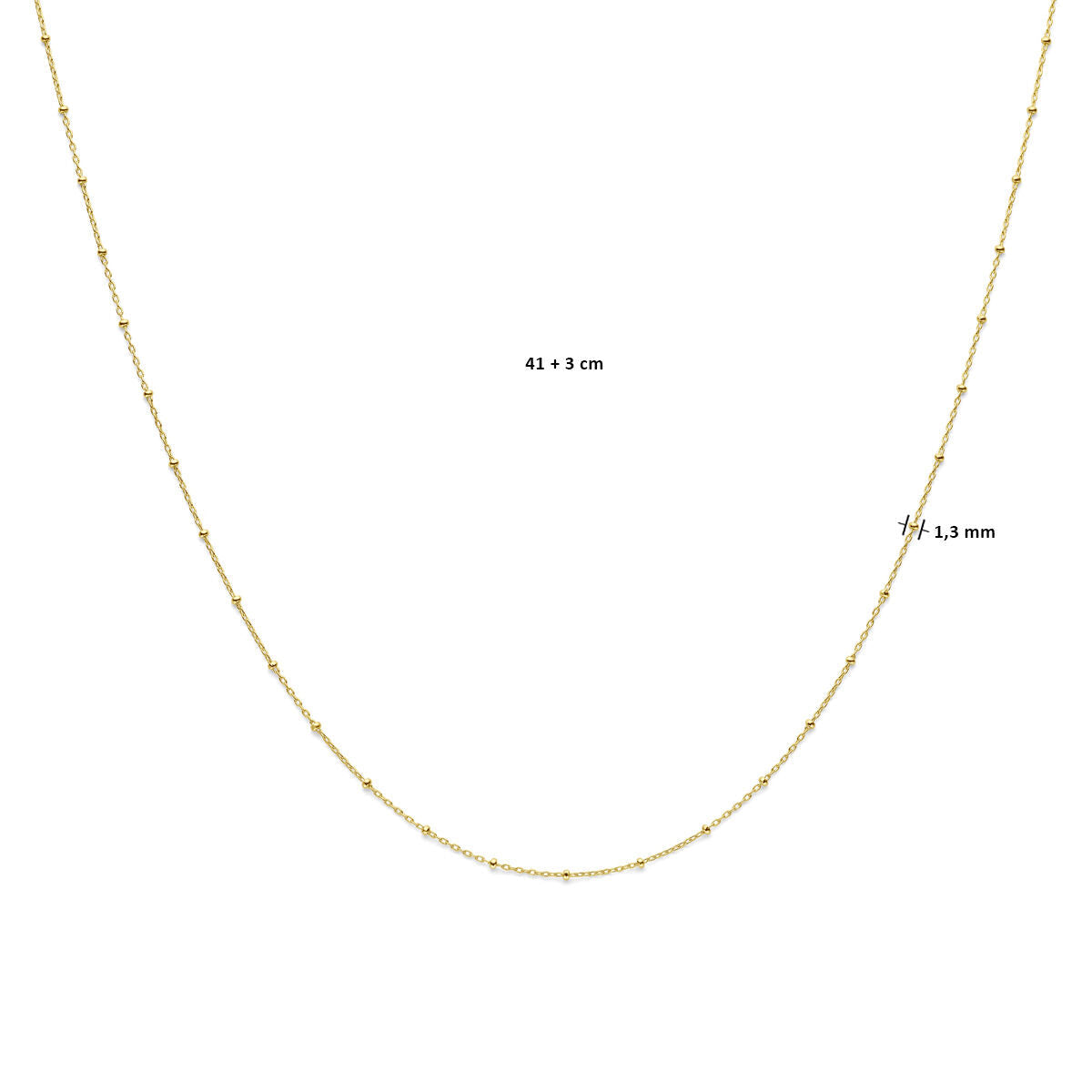 Het collier bolletjes 1,3 mm van 14K geelgoud uit de Van der Kooij Collectie heeft een lengte van 41 + 3 cm en wordt elegant gepresenteerd in een sierlijke curve op een witte achtergrond.
