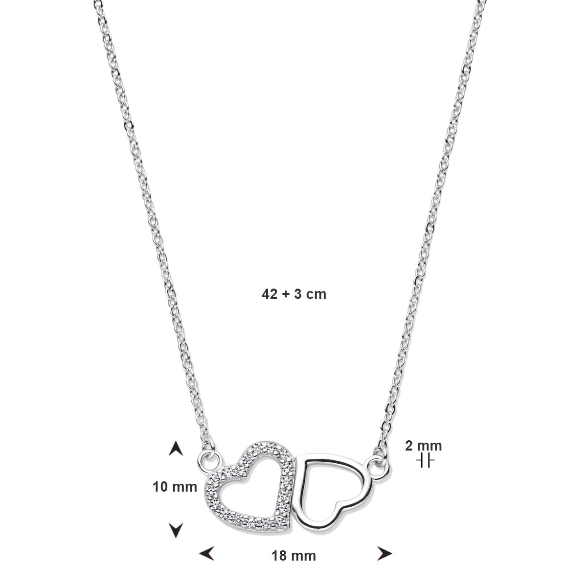 collar de corazones zirconia 42 + 3 cm plata rodiada