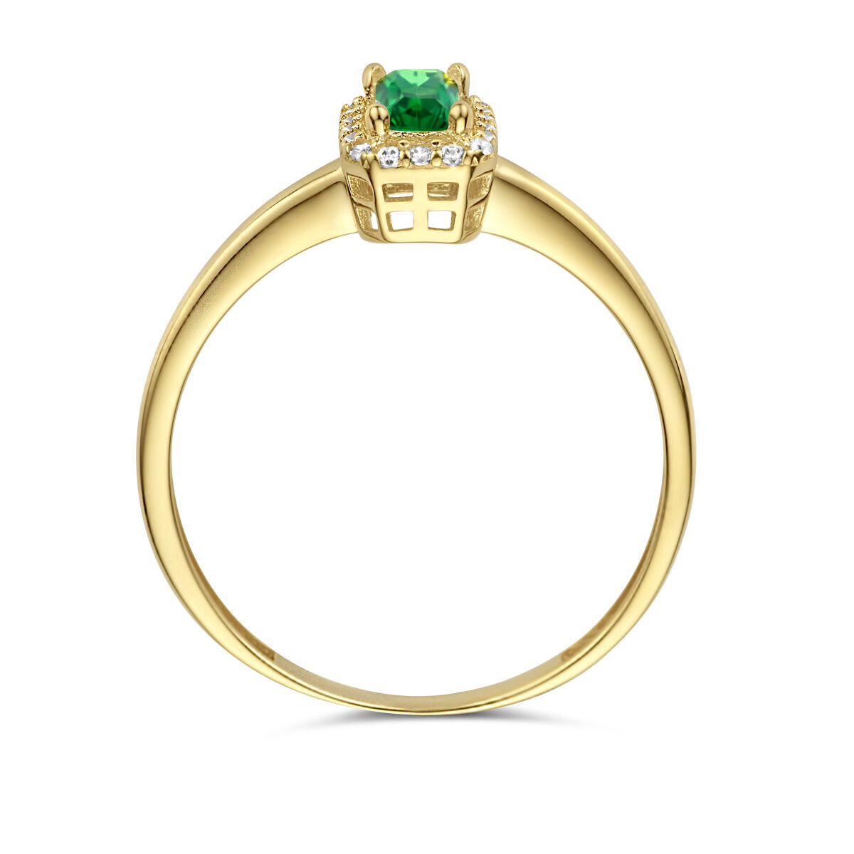 Een 14K geelgouden ring uit de Van der Kooij Collectie met een ronde groene zirkonia en witte zirkonia halo in een vierkante zetting, getoond vanaf de zijkant met een dunne, gladde band.