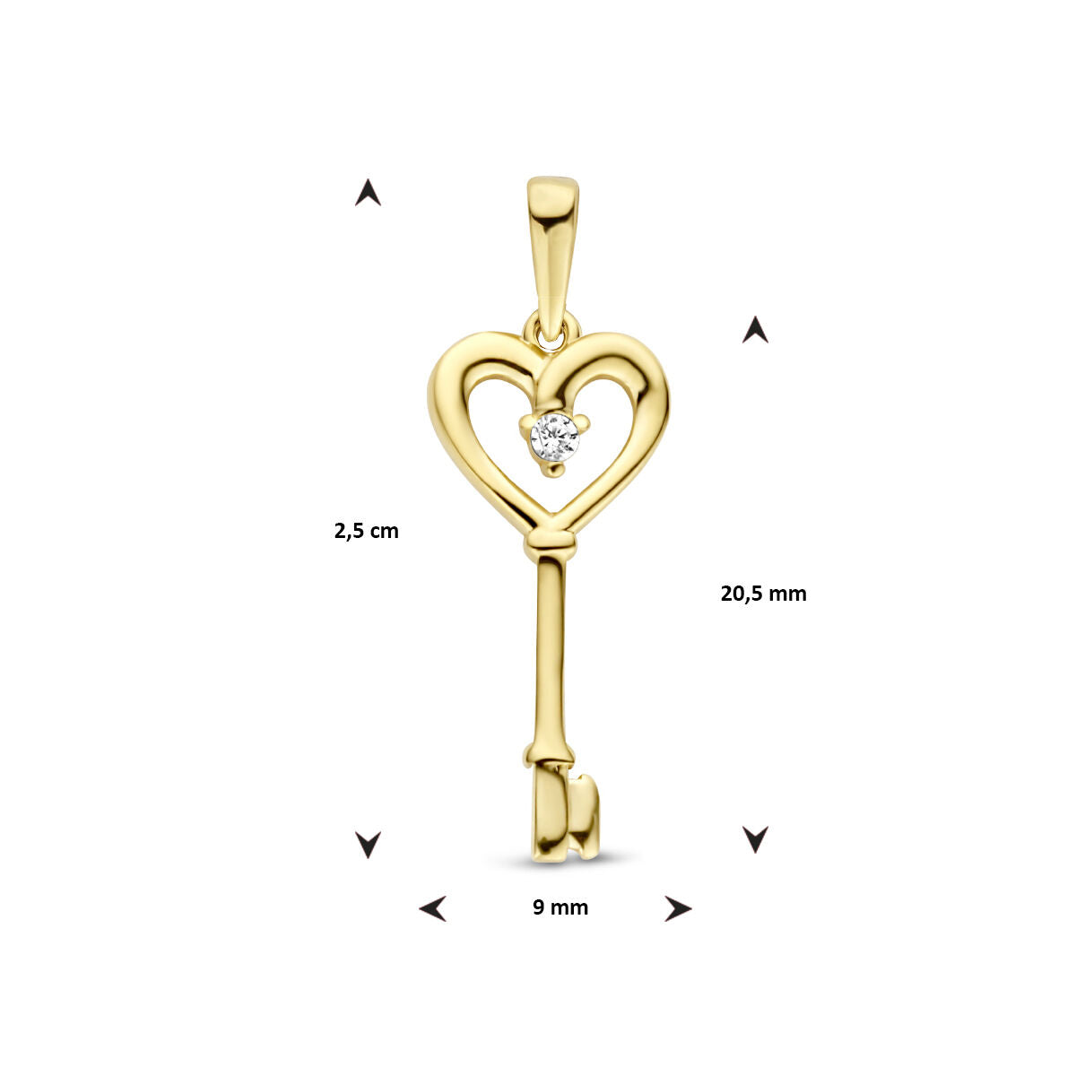 colgante corazón y llave zirconia 14K oro amarillo