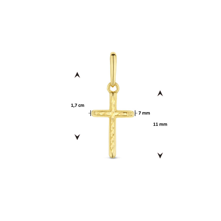 De Van der Kooij Collectie hanger kruis gediamanteerd 14K geelgoud heeft een gepolijste, getextureerde afwerking en voldoet aan 1,7 cm x 11 mm met een horizontale arm van 7 mm, fraai getoond op een witte achtergrond.