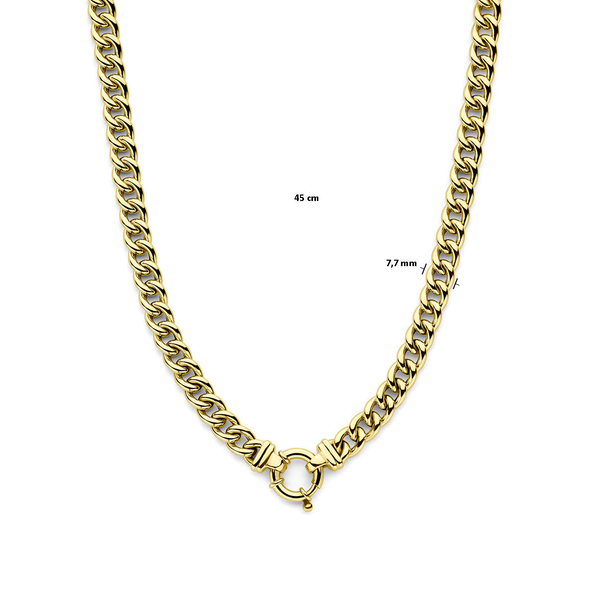 De Van der Kooij Collectie collier gourmette (7,7 mm, 45 cm) in 14K geelgoud met groot springslot wordt elegant gepresenteerd op een witte achtergrond.
