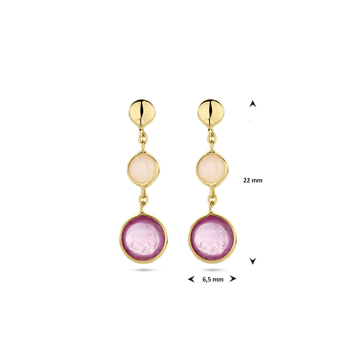 pendientes de rubí rosa y ópalo rosa en oro amarillo de 14K