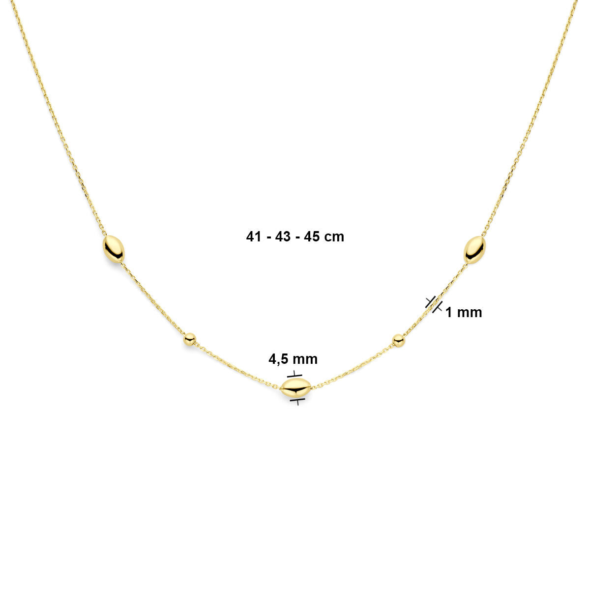 Collar de mujer de oro con óvalos y bolitas 14K