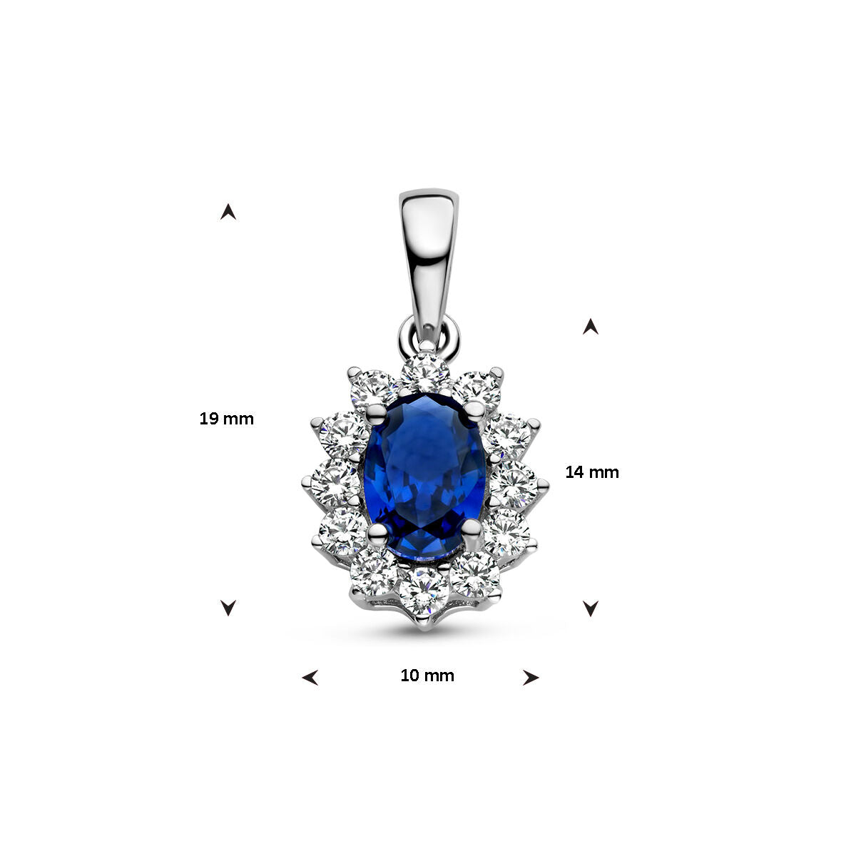 colgante de zafiro y halo de circonitas blancas en plata rodiada