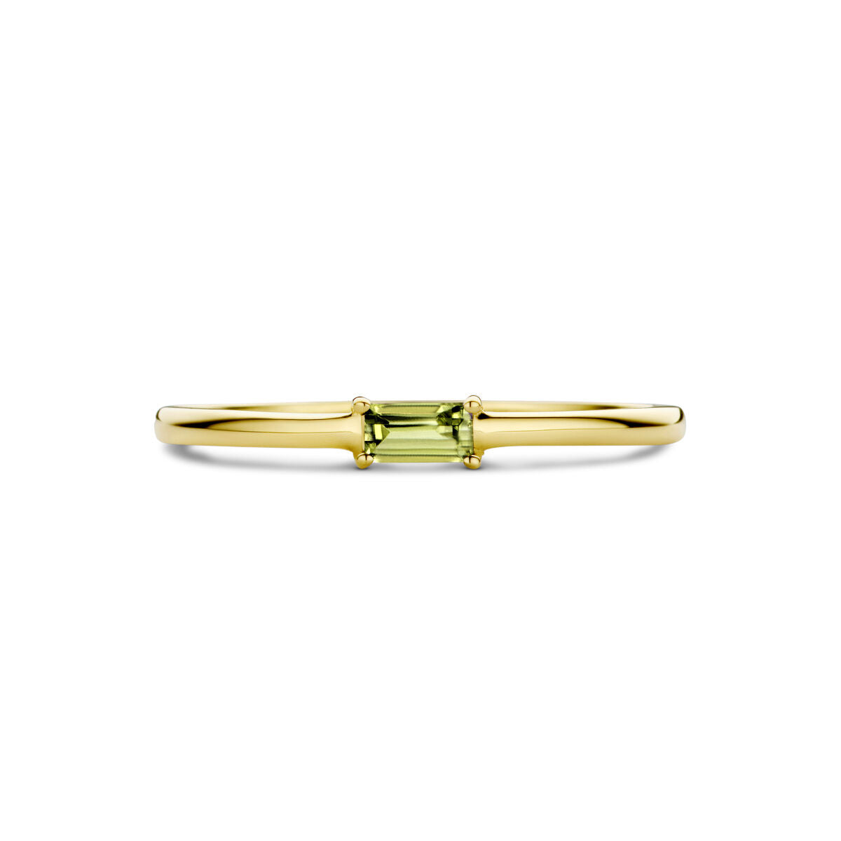 De Van der Kooij Collectie ring met geboortesteen peridot augustus in 14K geelgoud is een elegante ring met een rechthoekige groene peridot, perfect als cadeau voor geboortemomenten.