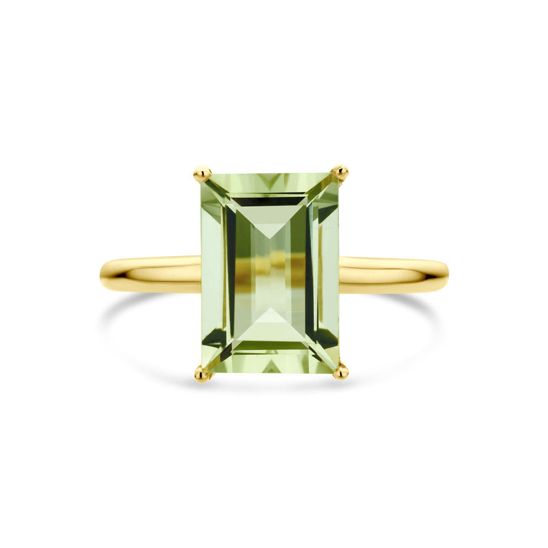 De Van der Kooij Collectie ring groen amethist 14K geelgoud heeft een rechthoekige, smaragdgeslepen groene amethist in een minimalistische zetting met vier tanden.