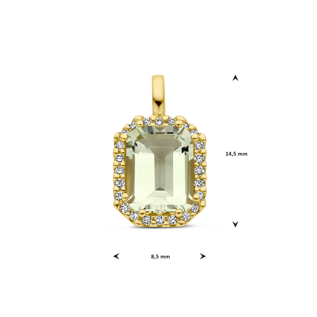 colgante de amatista verde y diamante 0.10ct h si halo oro amarillo 14K