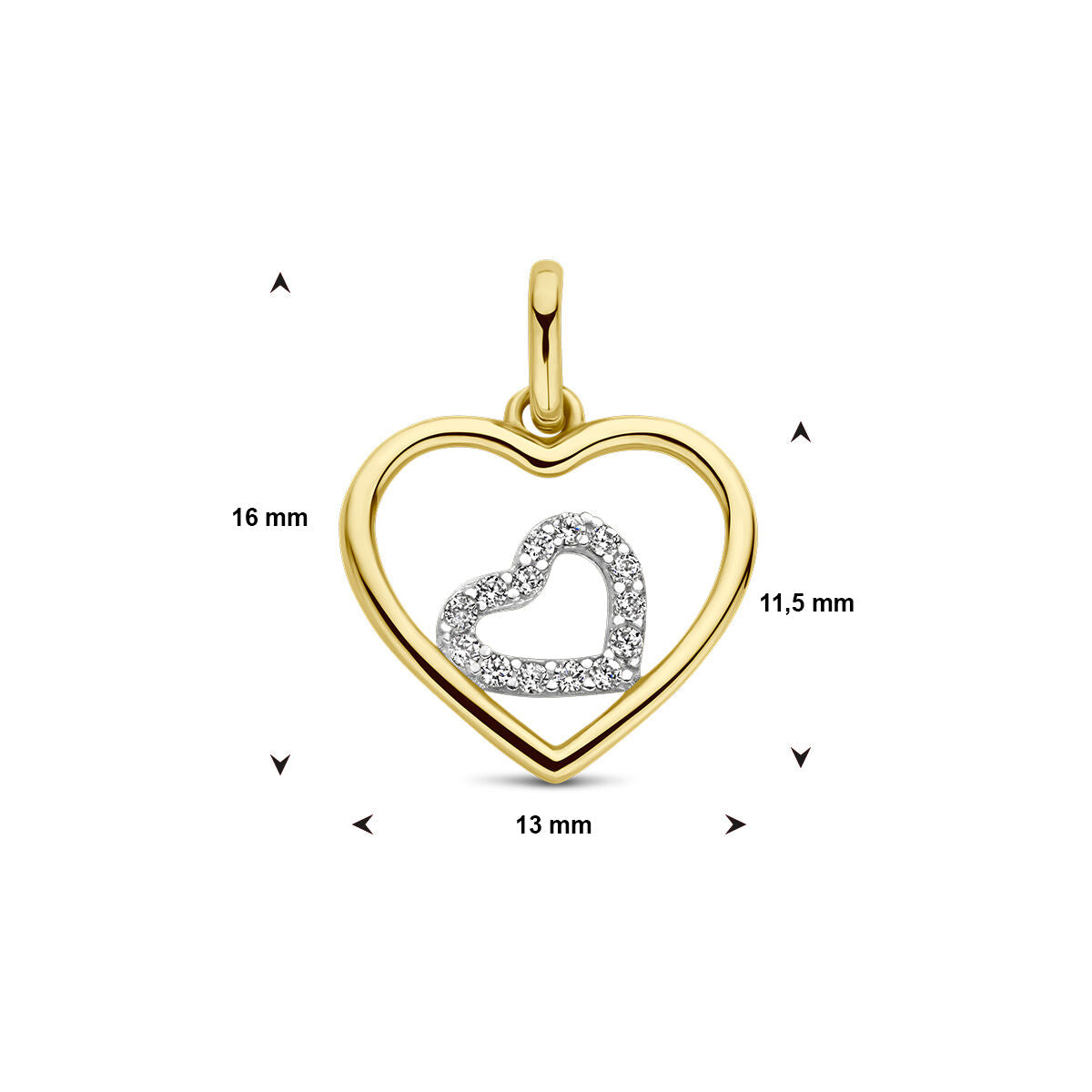 colgante corazones circonita 14K bicolor oro amarillo/blanco