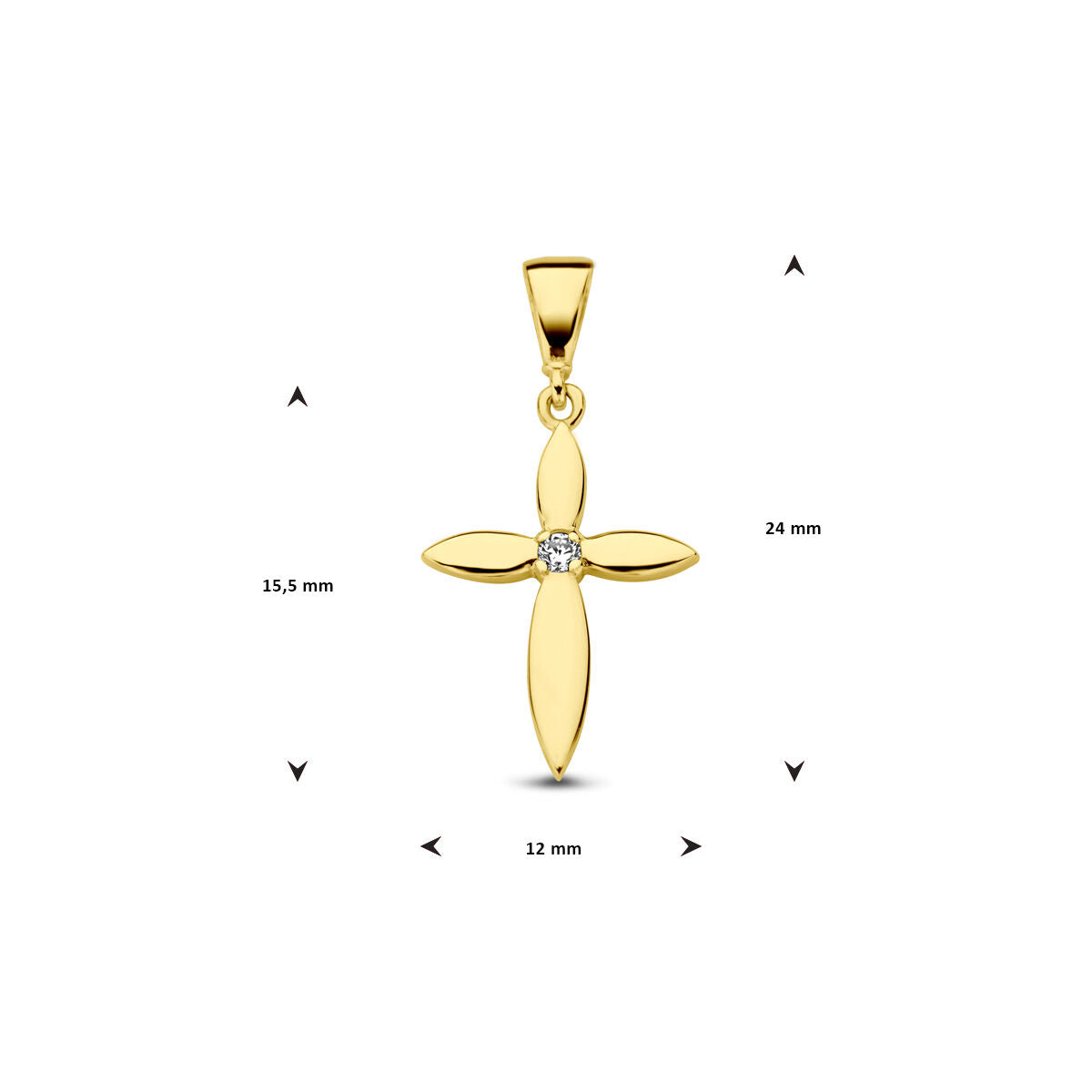 De Van der Kooij Collectie hanger kruis zirkonia 14K geelgoud heeft bloemvormige armen, een zirkonia in het midden, en meet 24 x 12 mm. Een tijdloos uniseks sieraad, perfect voor elke gelegenheid.