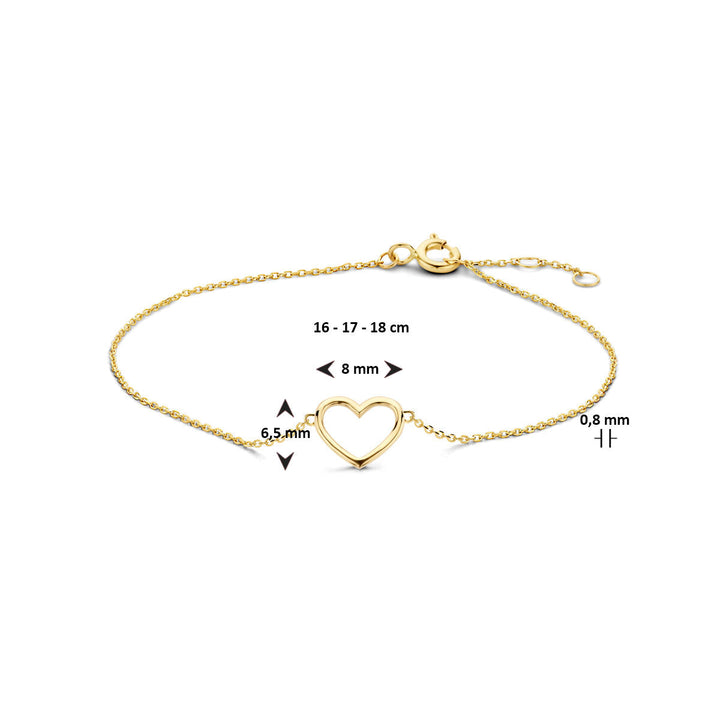 De Gouden armband dames hart 14K van Van der Kooij Collectie heeft een open hartje (8x6,5 mm) in het midden, fijne ketting van 0,8 mm dik en is verstelbaar van 16-18 cm.