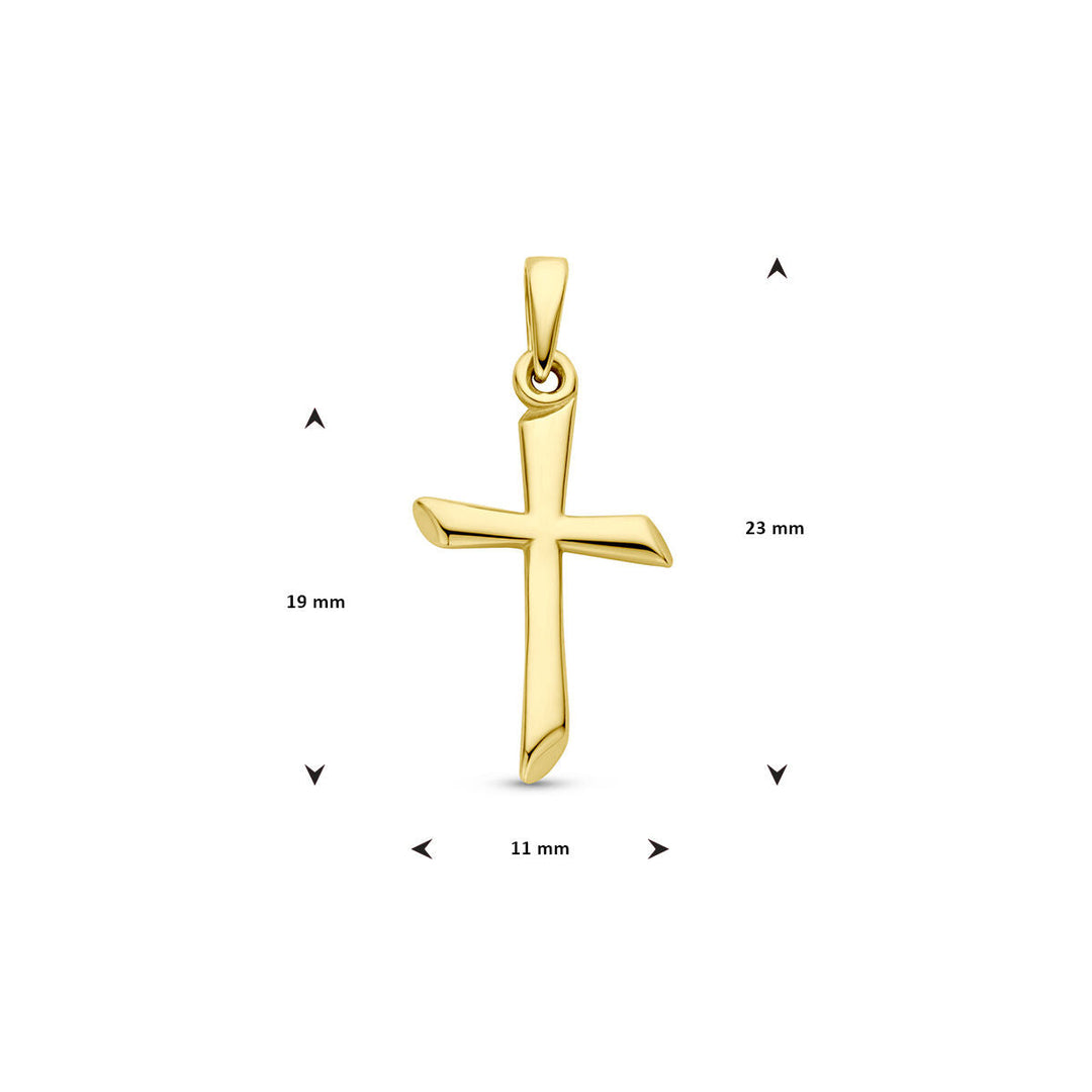 De hanger kruis 14K geelgoud uit de Van der Kooij Collectie meet 23 mm hoog, 19 mm interne hoogte en 11 mm breed. Licht gebogen armen. Afbeeld op witte achtergrond met maatlijnen; een stijlvol sieraad voor geloof en spiritualiteit.