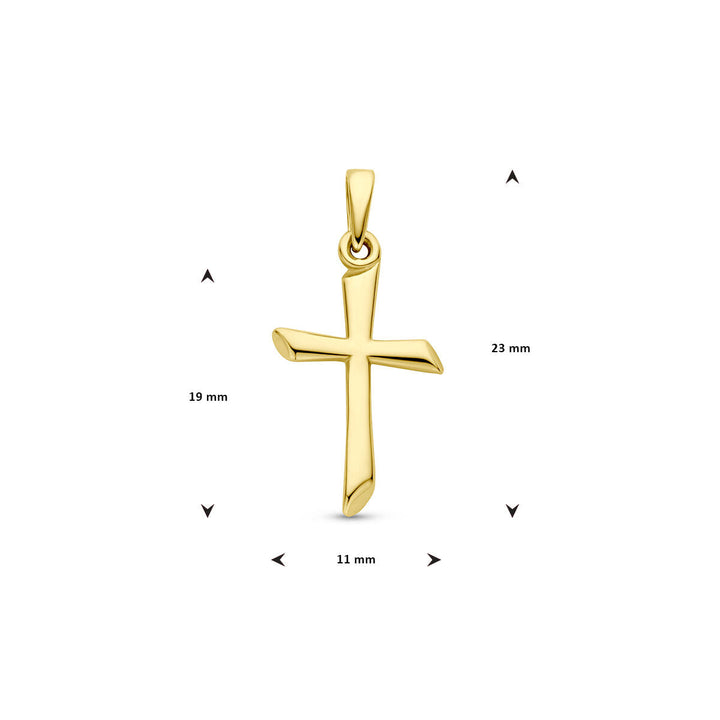 De hanger kruis 14K geelgoud uit de Van der Kooij Collectie meet 23 mm hoog, 19 mm interne hoogte en 11 mm breed. Licht gebogen armen. Afbeeld op witte achtergrond met maatlijnen; een stijlvol sieraad voor geloof en spiritualiteit.