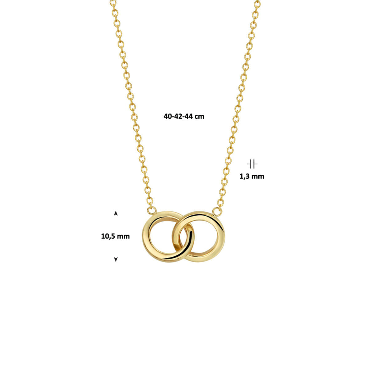 De Van der Kooij Collectie collier rondjes is een dames sieraad in 14K geelgoud met twee ronde hangers. Het anker collier is 10,5 mm breed en verstelbaar op 40, 42 of 44 cm.