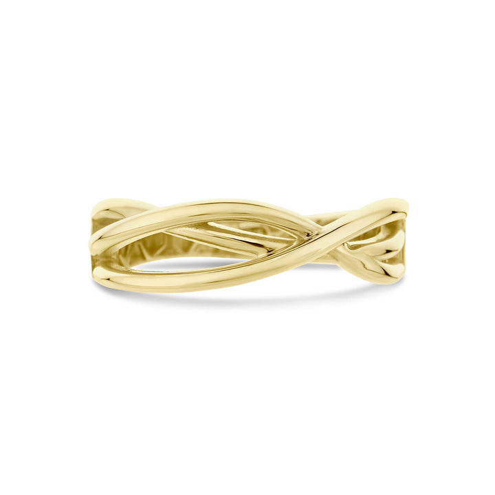 De ring 14K geelgoud uit de Van der Kooij Collectie heeft een elegant, gedraaid ontwerp met verstrengelde banden. Deze 6 mm brede ring is glad en gepolijst voor een moderne, stijlvolle look.