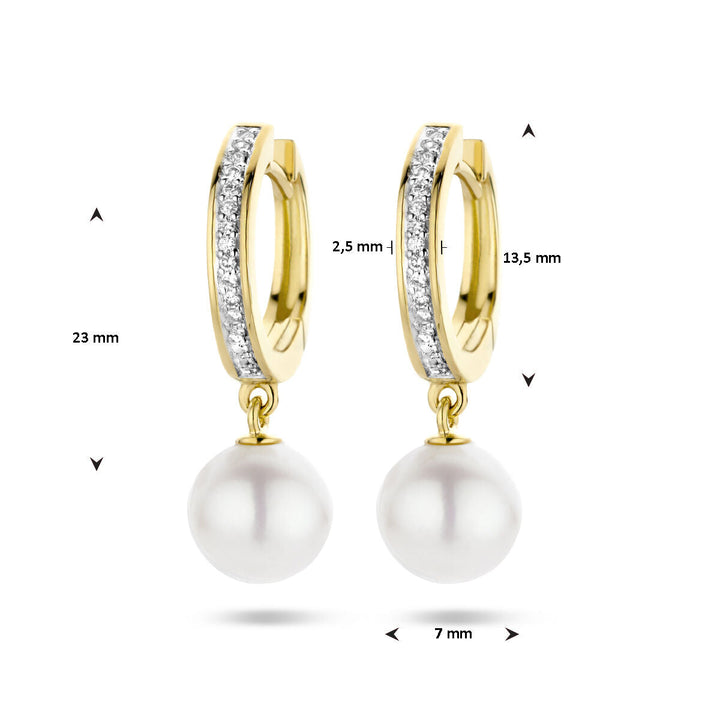 klapoorringen parel en diamant 0.08ct (2x 0.04ct) h si bicolor gestift 14K geelgoud
