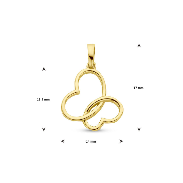 De hanger vlinder 14K geelgoud van Van der Kooij Collectie is een gouden vlindervormige hanger met een open ontwerp. De hanger is 17 mm hoog, 14 mm breed en 13,5 mm aan één kant, afgebeeld tegen een witte achtergrond.