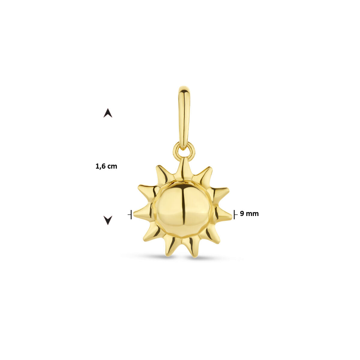 Van der Kooij Collectie hanger zon 14K geelgoud met een gladde, zonvormige hanger en spitse stralen, 1,6 cm hoog en 9 mm breed, afgebeeld tegen een witte achtergrond met meetindicatoren.