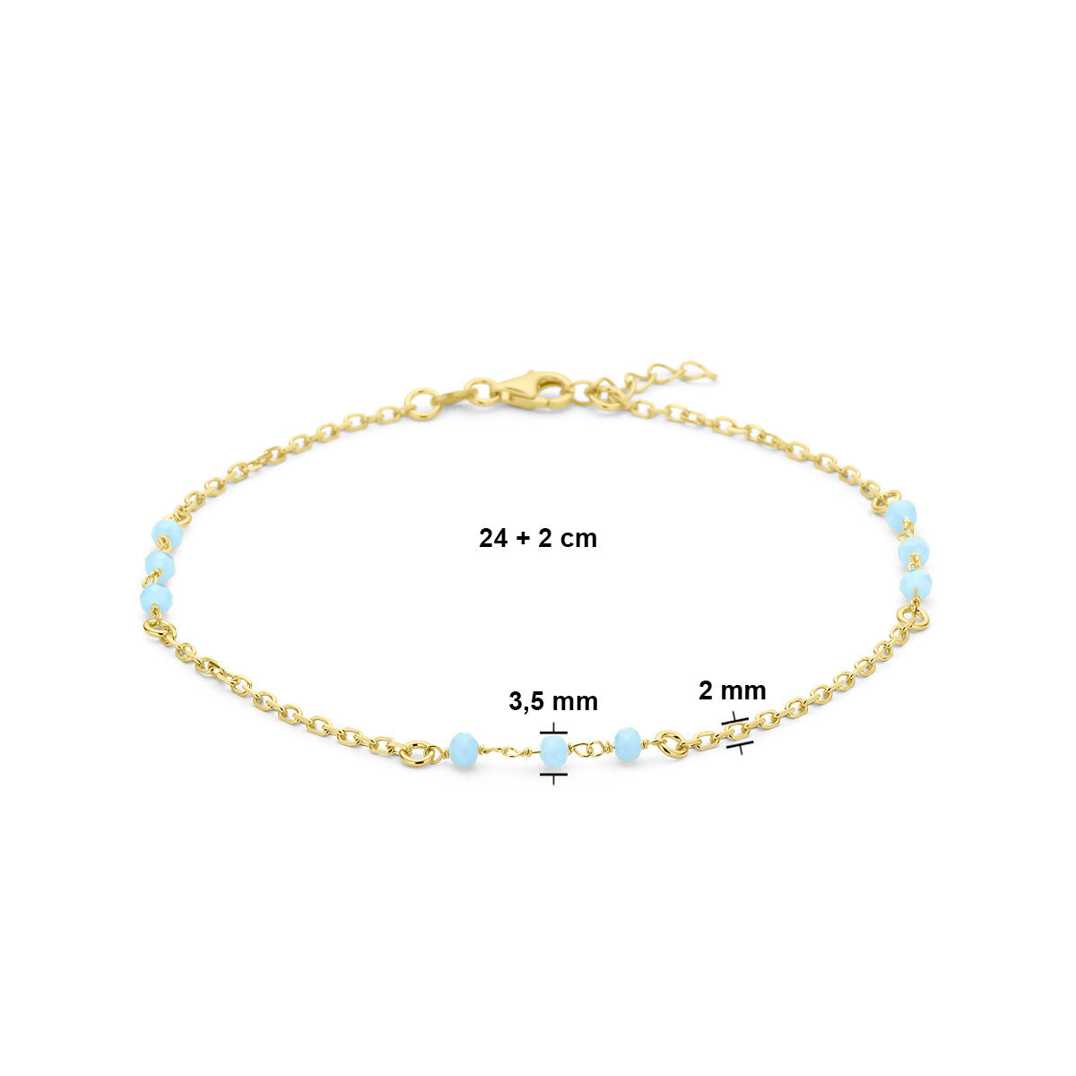 pulsera de bolitas de cristal azul 24 + 2 cm 3 micrones chapado en oro amarillo