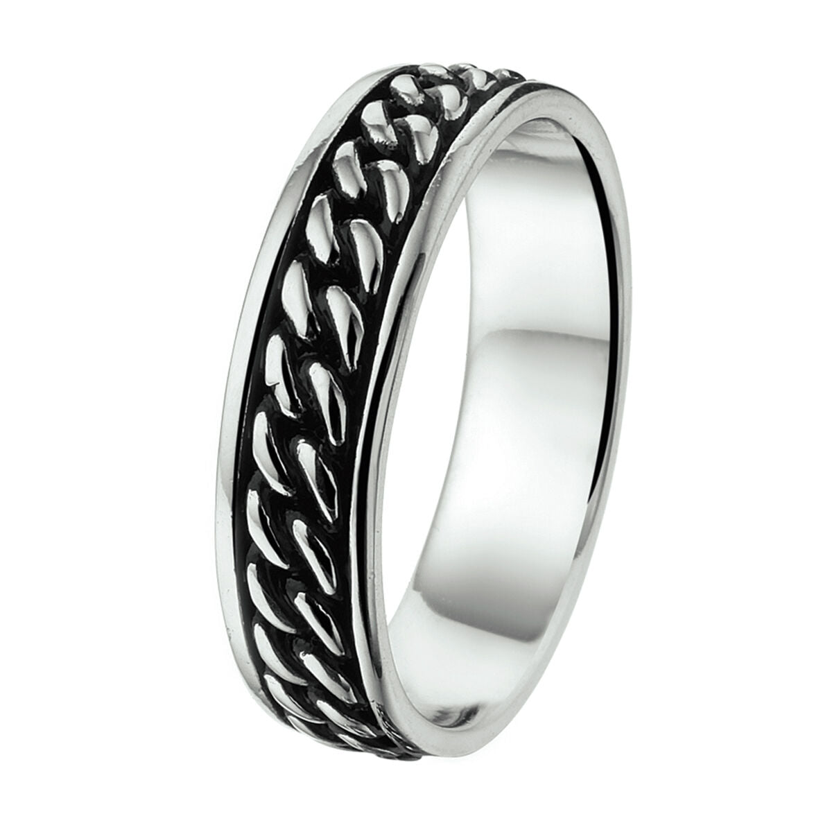 Anillo de plata oxidada con diseño trenzado en el centro.