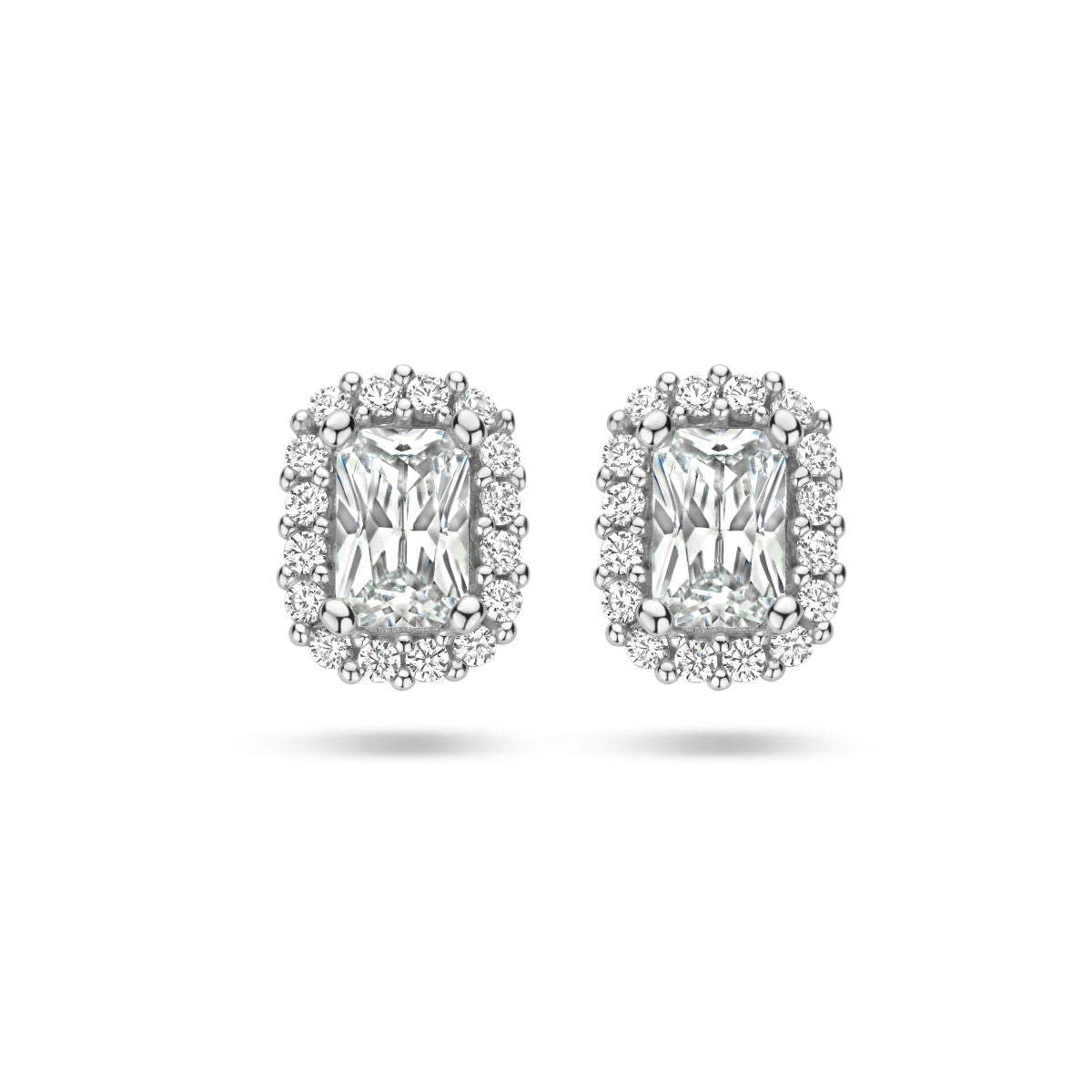 Pendientes de halo de zirconia en plata rodiada con forma rectangular y detalles brillantes.