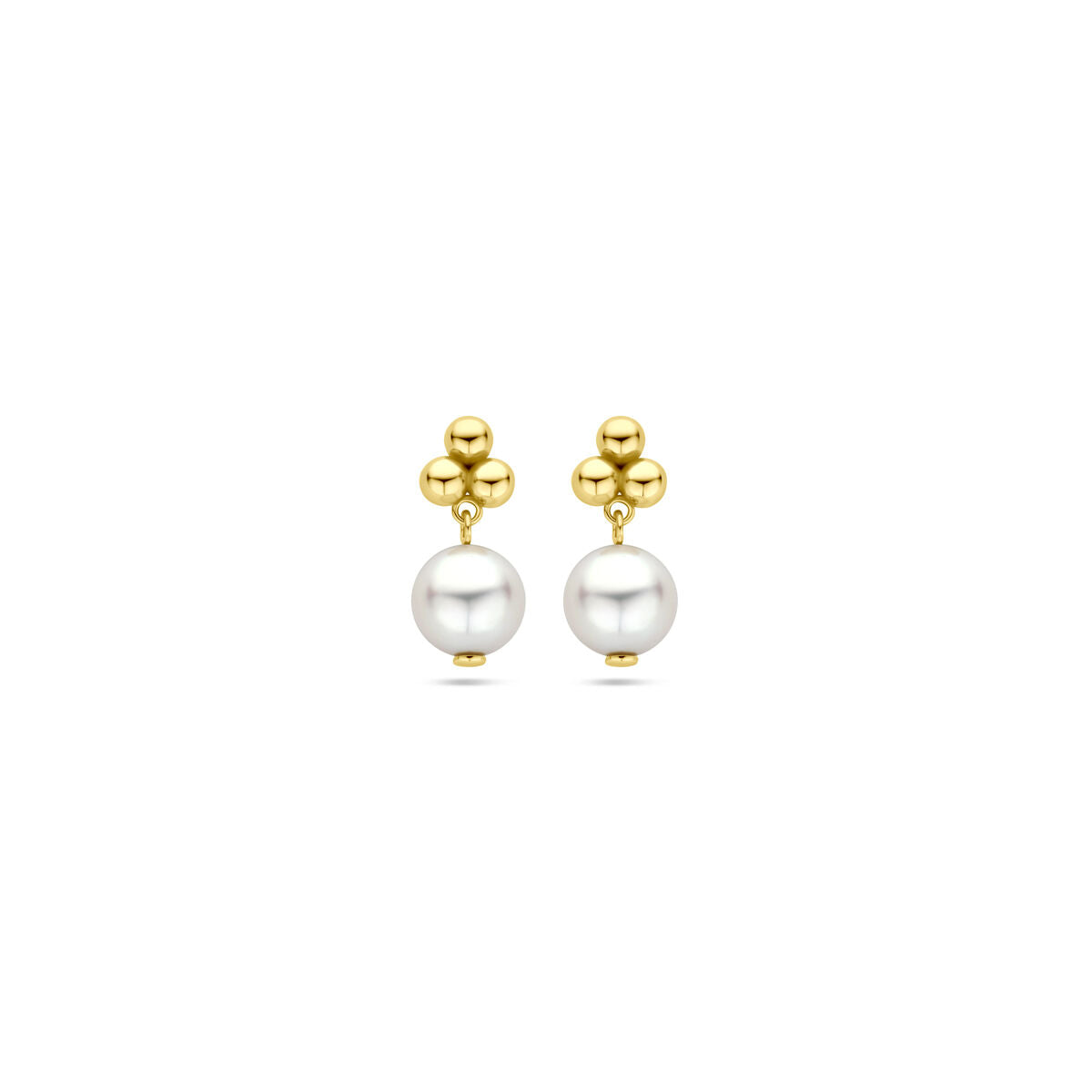 Pendientes de perla de 15 mm en oro amarillo de 14K con detalle en forma de flor.