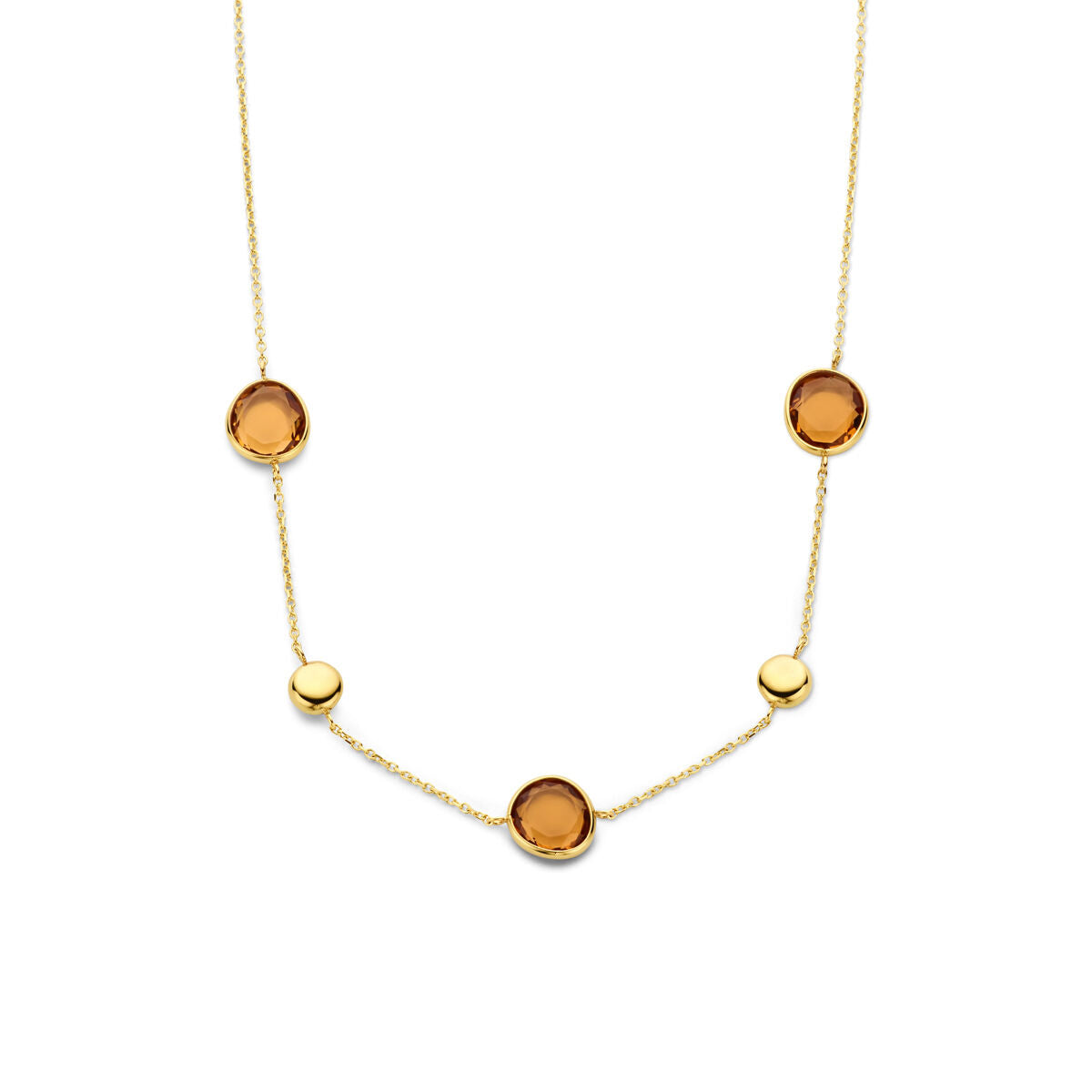 Collar de citrino en oro amarillo de 14K con cinco detalles redondos.