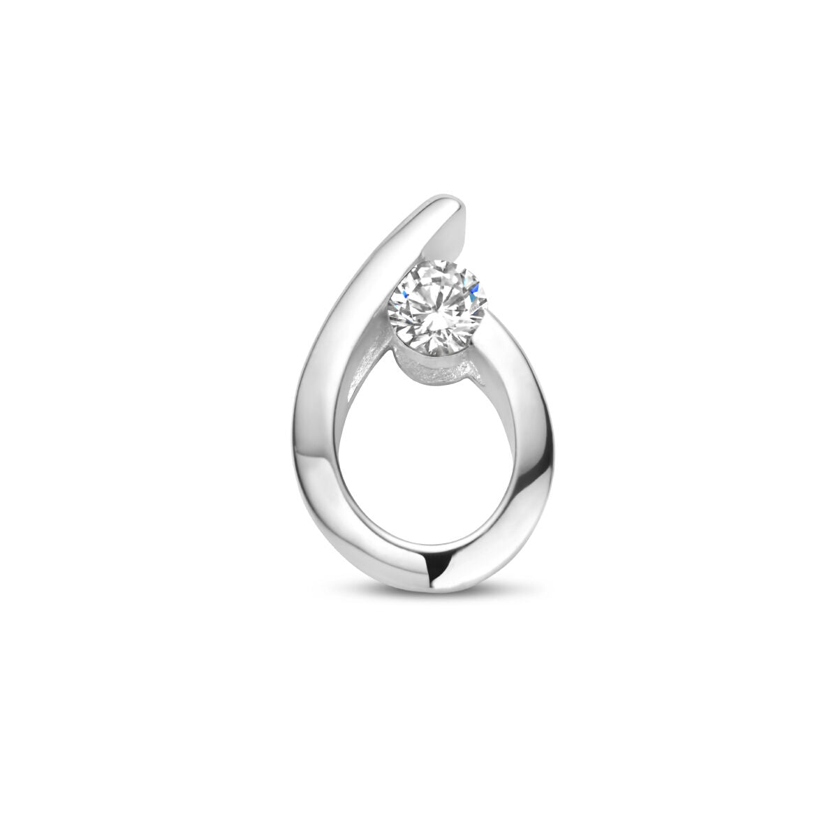 Colgante en forma de gota de plata rodiada con una circonita brillante.
