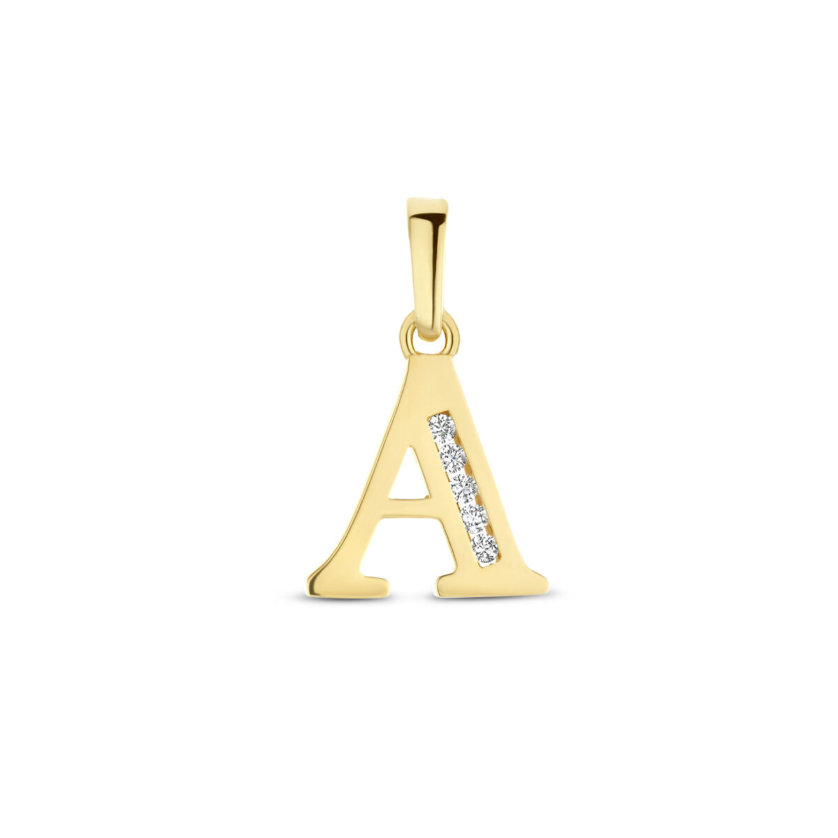 Colgante de letra en oro amarillo de 14K con circonitas brillantes.