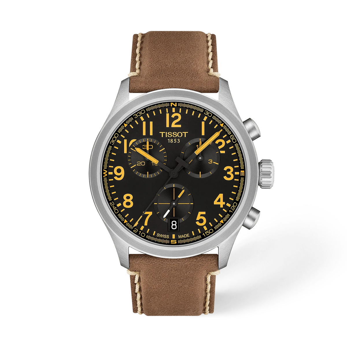 Reloj Tissot Chrono de 42 mm con esfera negra, detalles amarillos y correa de cuero marrón.
