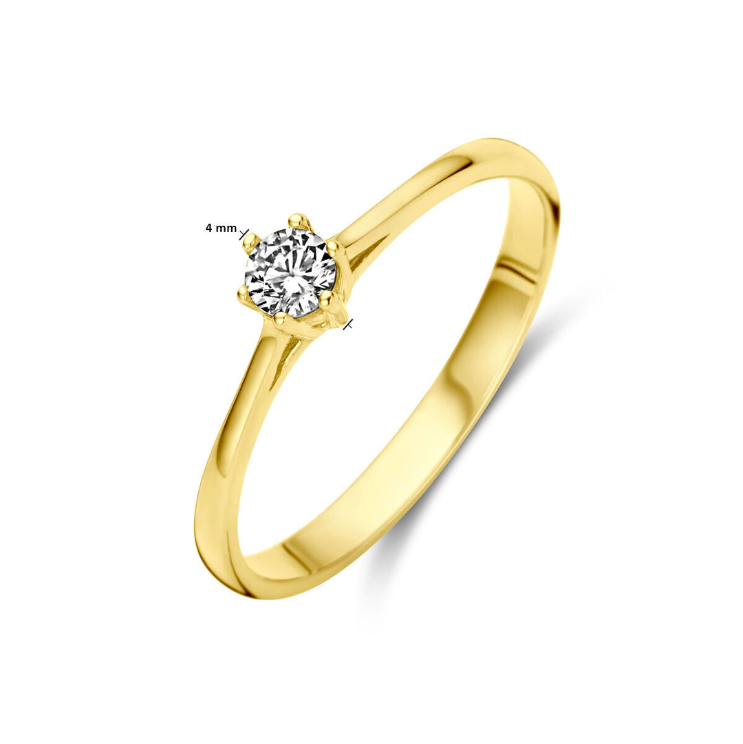 Van der Kooij Collectie ring zirkonia 14K geelgoud met een ronde 4 mm zirkonia in elegante vierpoots zetting, aanwezig op een witte achtergrond.