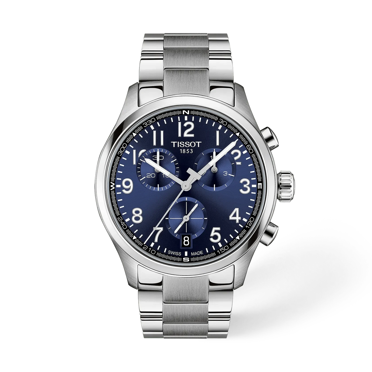 Reloj Tissot Chrono de 42 mm con esfera azul, caja de acero inoxidable y correa de acero.