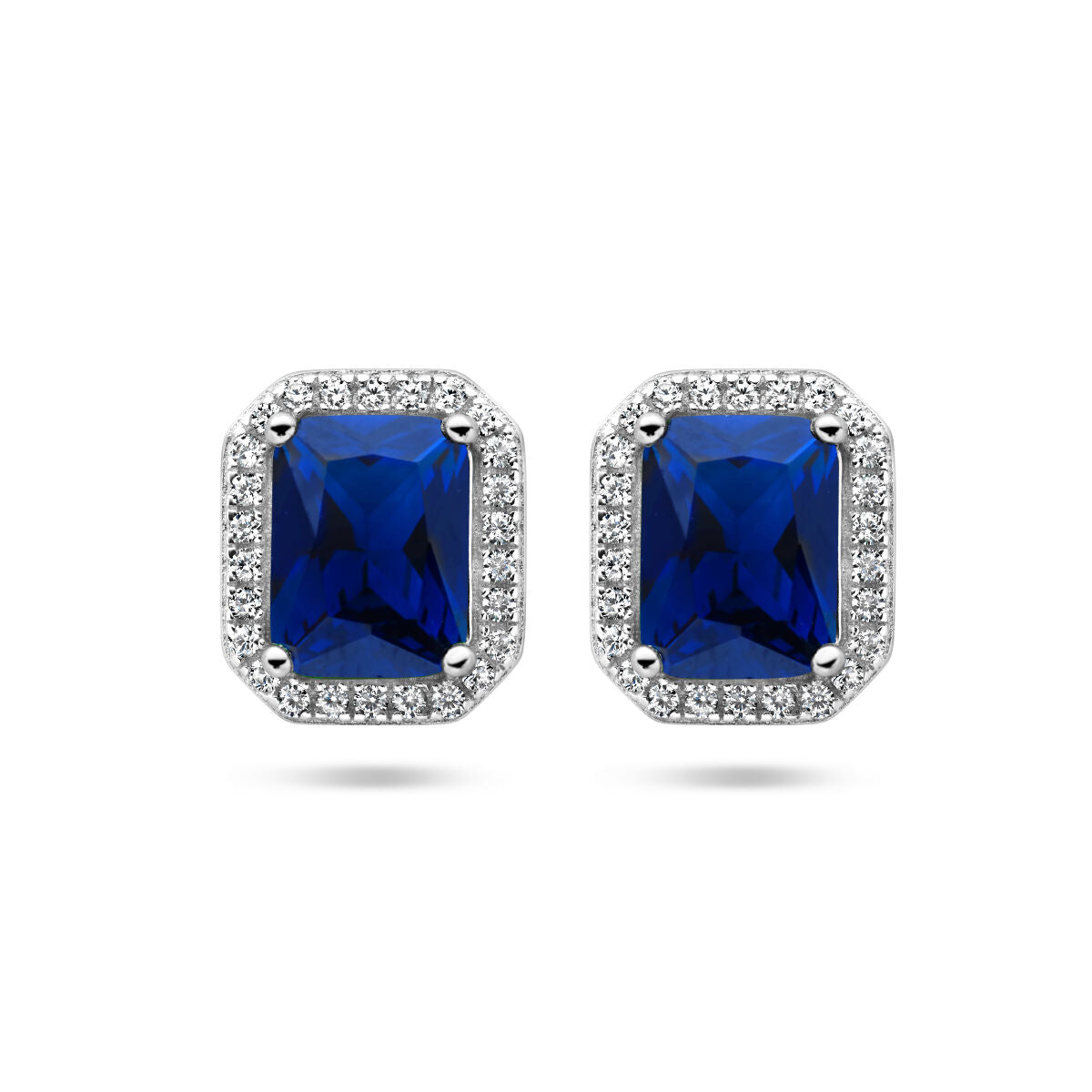 Pendientes de halo con zircón azul y blanco, montura de plata rodiada.