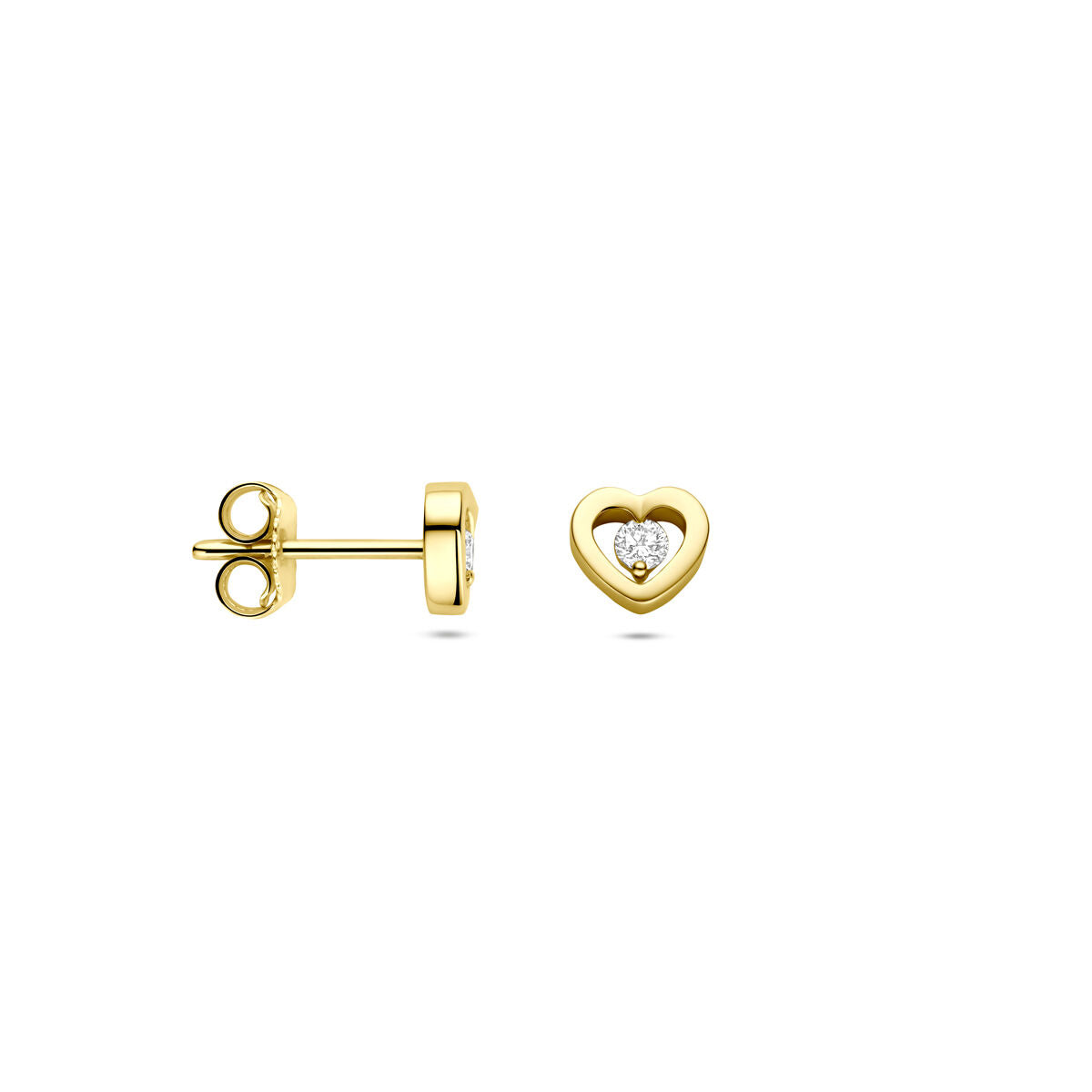 Pendientes de botón de oro con corazón y diamante – 14k oro amarillo