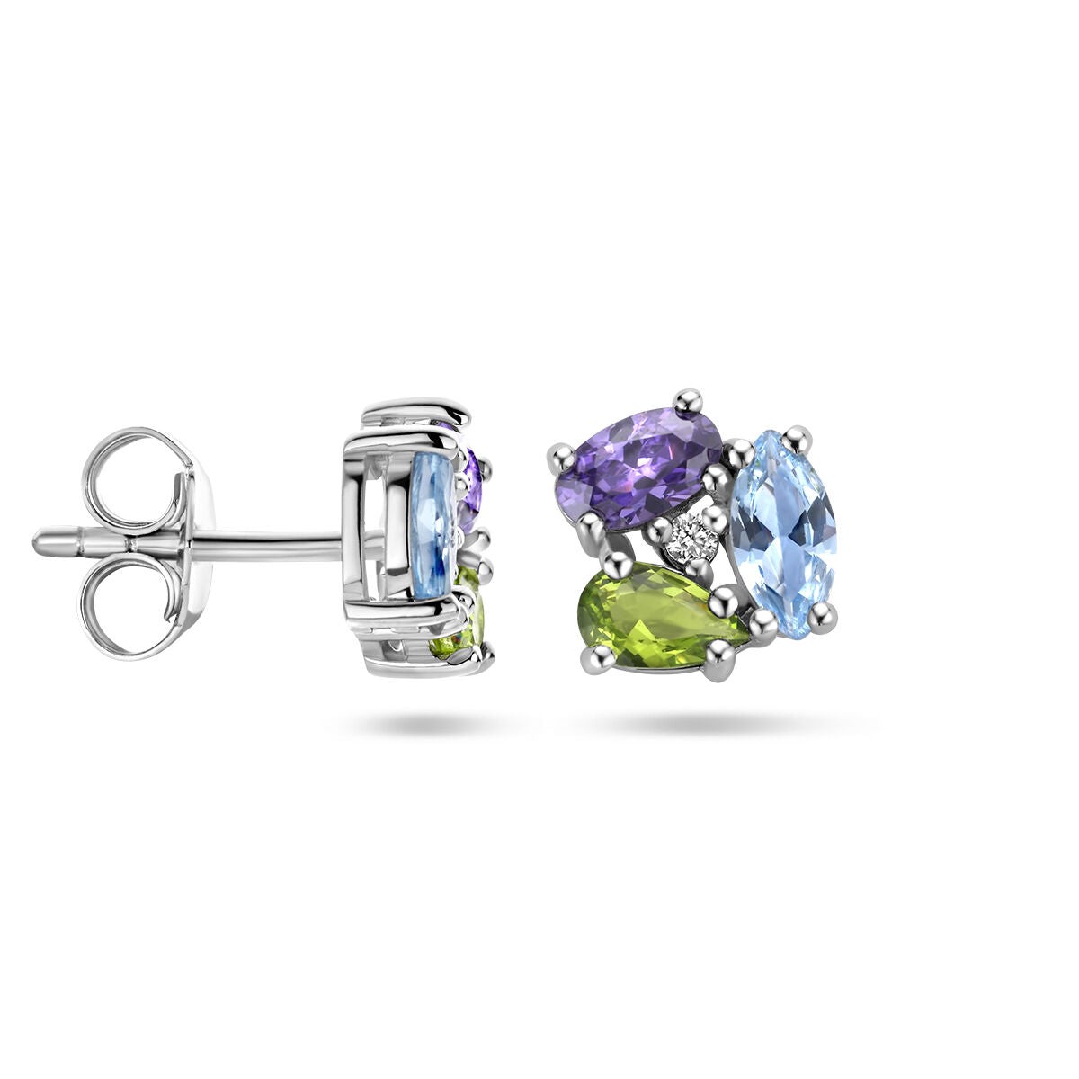 Van der Kooij Collectie oorknoppen zirkonia en synth. edelstenen zilver gerhodineerd: schitterende dames sieraden met paarse, blauwe en groene stenen, compleet met post en vlindersluiting-perfect voor elke gelegenheid.