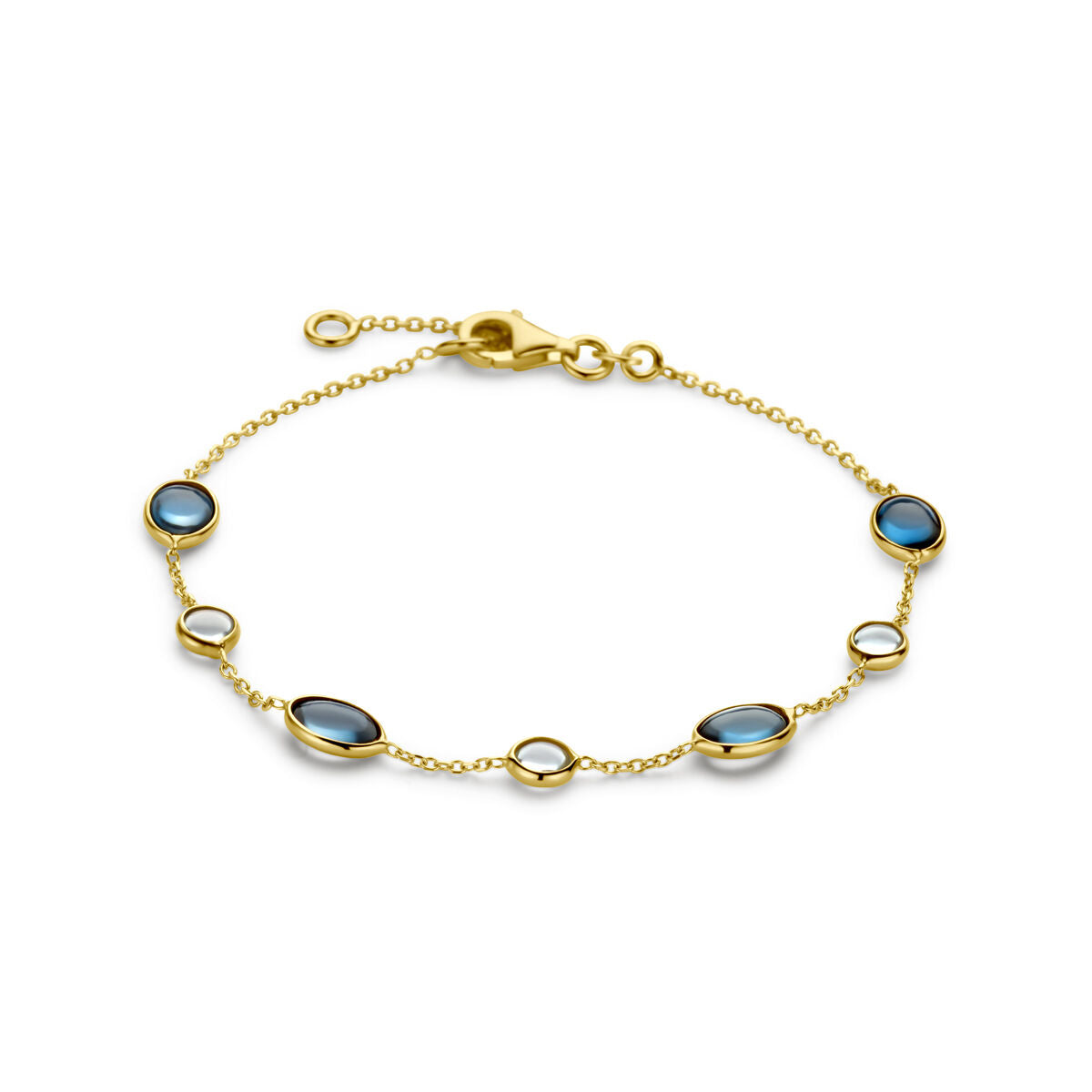 Pulsera dorada de 14K con topacios london blue y azules, con detalles ovalados.