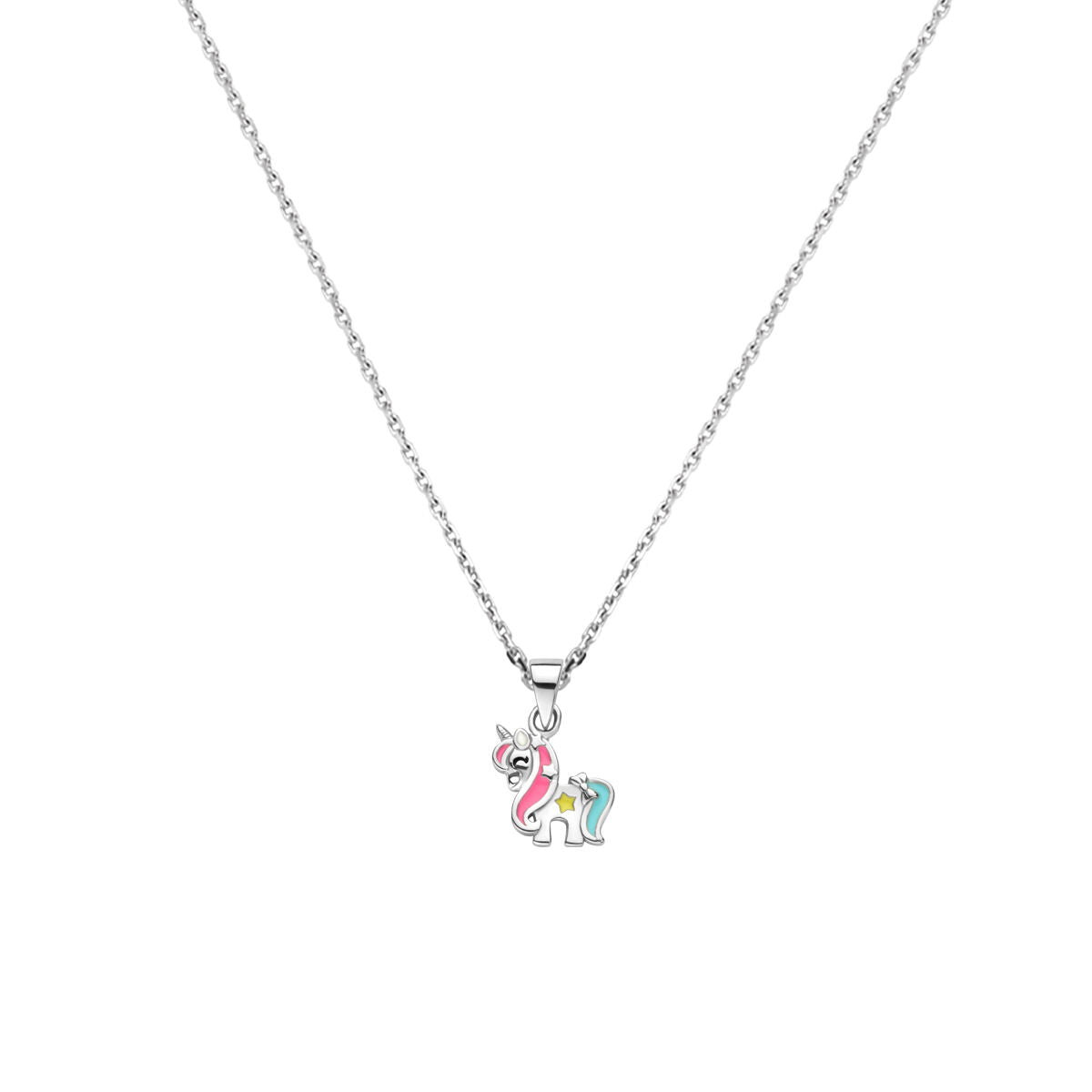 Collar de plata con colgante de unicornio colorido y cadena ajustable de 36 + 4 cm.